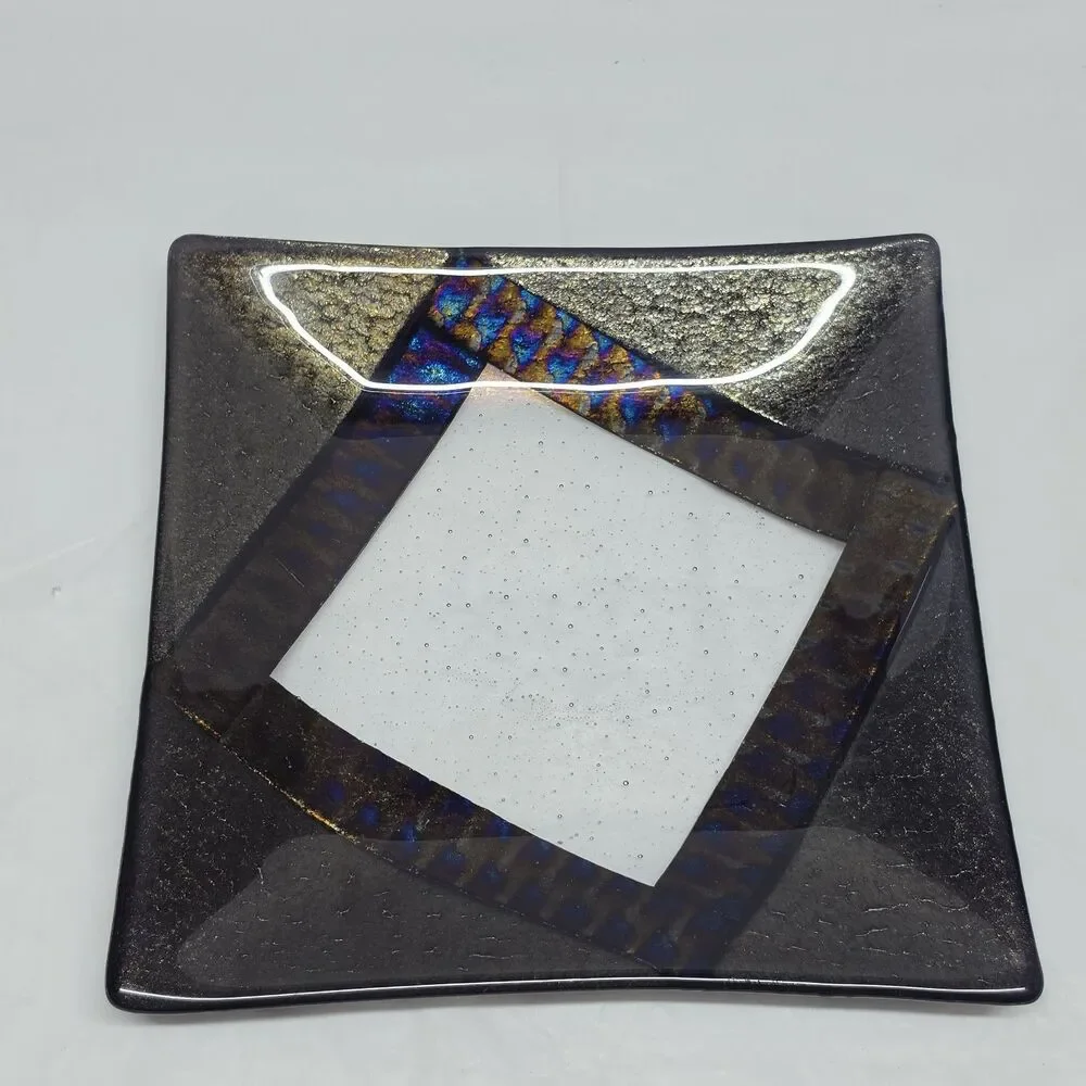 Chris Paulson Fused Art Glass Trinket Tray Plate Signed Dichroic Iridescent